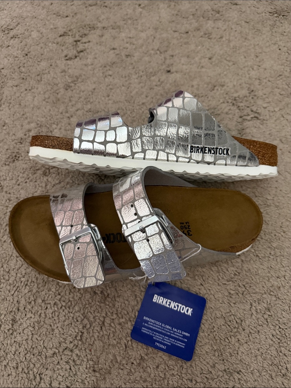 Birkenstock Metallic Silver Croc-Embossed Two-Strap Sandals - Picture 2 of 5